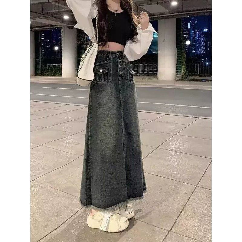Denim Skirt Midi Vintage - Falda vaquera midi de cintura alta