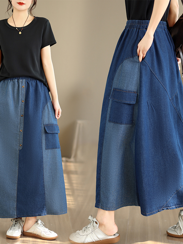 Denim Skirt Midi Vintage - Falda vaquera informal holgada para mujer,