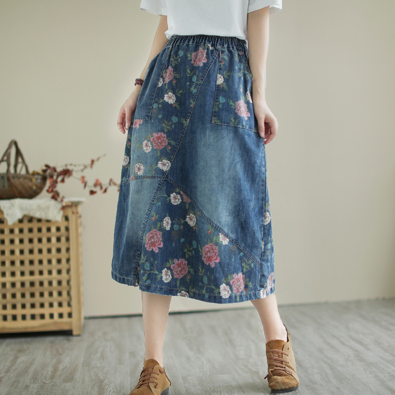 Denim Skirt Midi Vintage - Falda vaquera bordada con estampado de