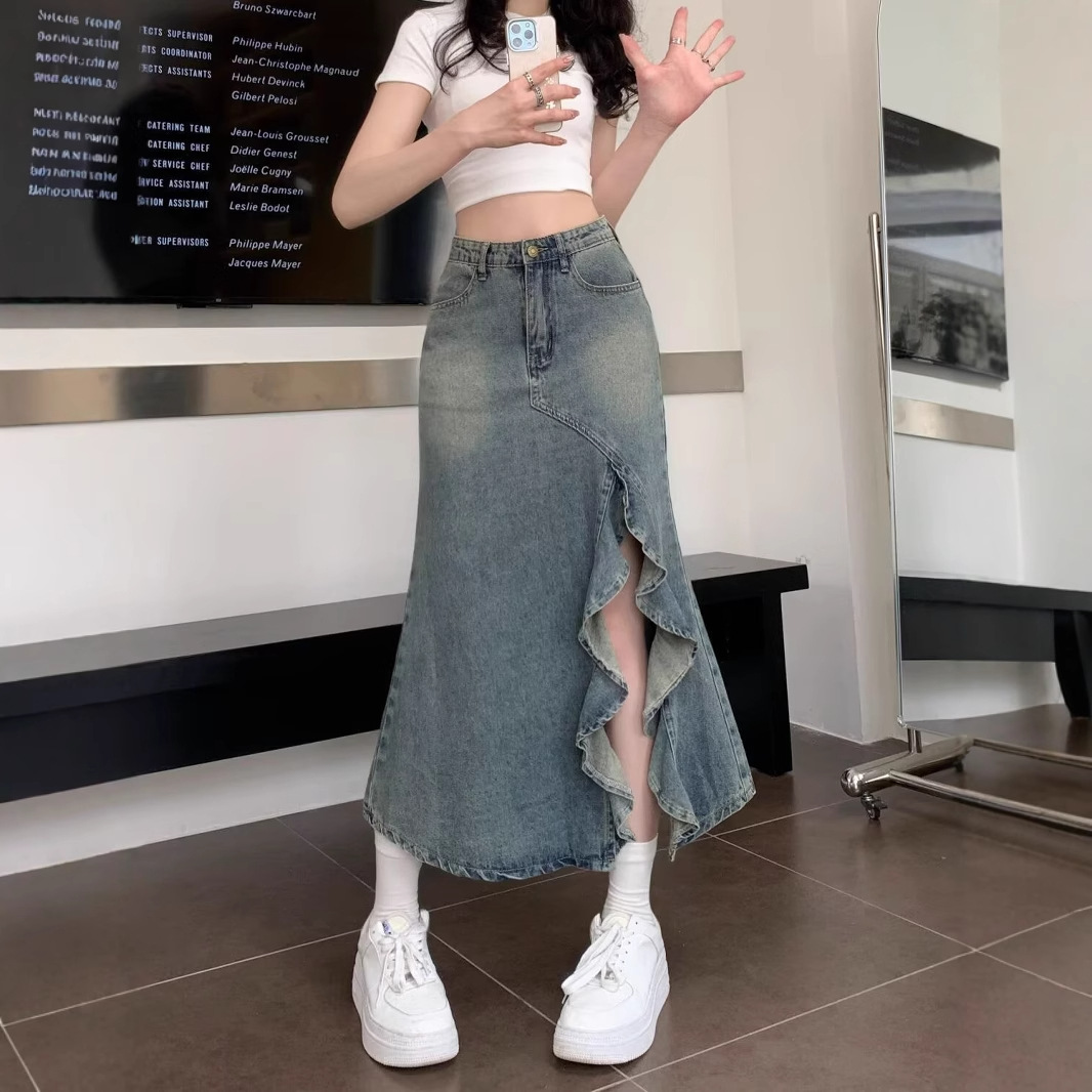 Denim Skirt Midi Vintage - Falda vaquera azul vintage coreana de