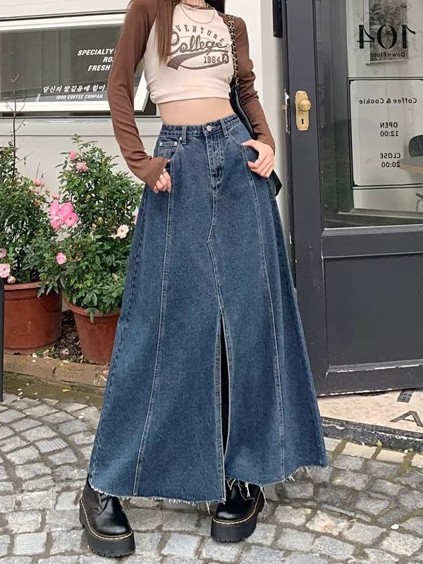 Denim Skirt Midi Vintage - Falda vaquera de cintura alta con