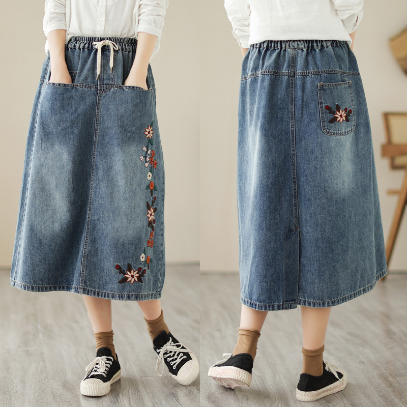 Falda vaquera bordada con esta - Denim Skirt Midi Vintage reseña y precio
