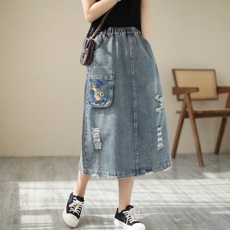 Falda vaquera bordada con esta - Denim Skirt Midi Vintage reseña y precio