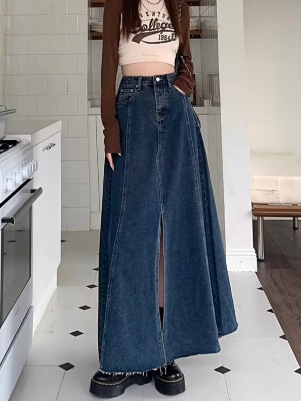 Falda vaquera de cintura alta  - Denim Skirt Midi Vintage reseña y precio